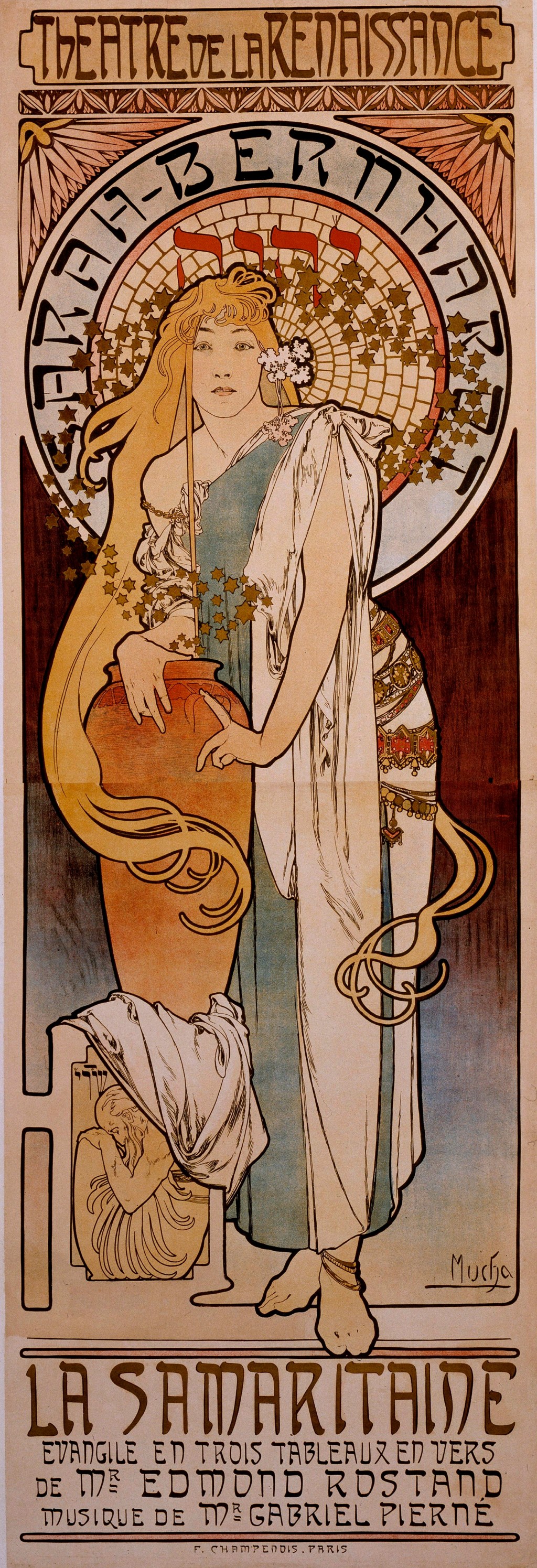 Affiche pour la piece "La Samaritaine" de Edmond Rostand interpretee par Henriette Rosine Bernard dite Sarah Bernhardt (1844-1923) en 1897 au Theatre de la Renaissance. Dessin d'Alphonse Mucha (1860-1939)
