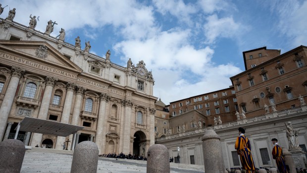 Pope Francis waves to the crowd during the weekly general audience on April 10, 2024 at St Peter's square in The Vatican.