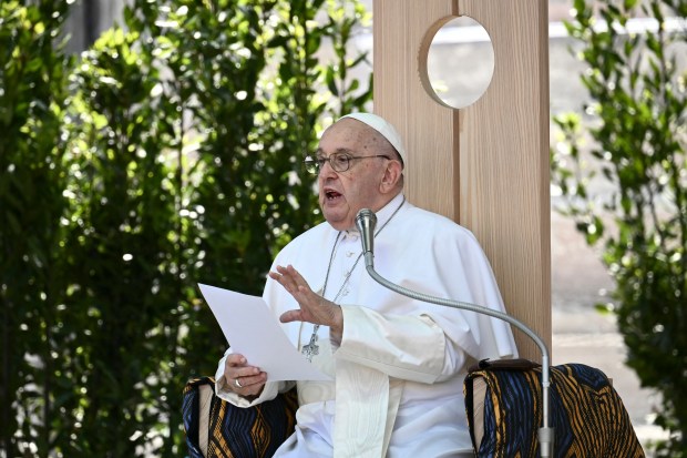 Pope Francis speaks during a meeting on peace and justice at the Arena as part of a visit in Verona, on May 18, 2024.