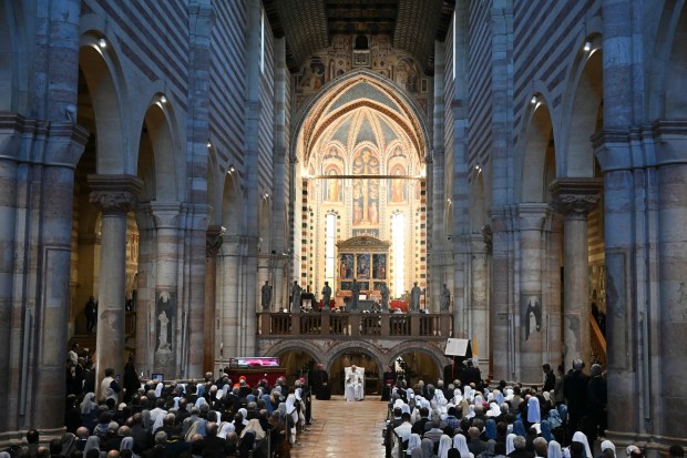 Pope Francis addresses the crowd in the Basilica of San Zeno during a visit in Verona, on May 18, 2024.