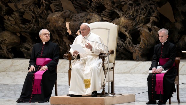 Pope Francis during his weekly general audience in Paul VI Hall at the Vatican on May 01, 2024