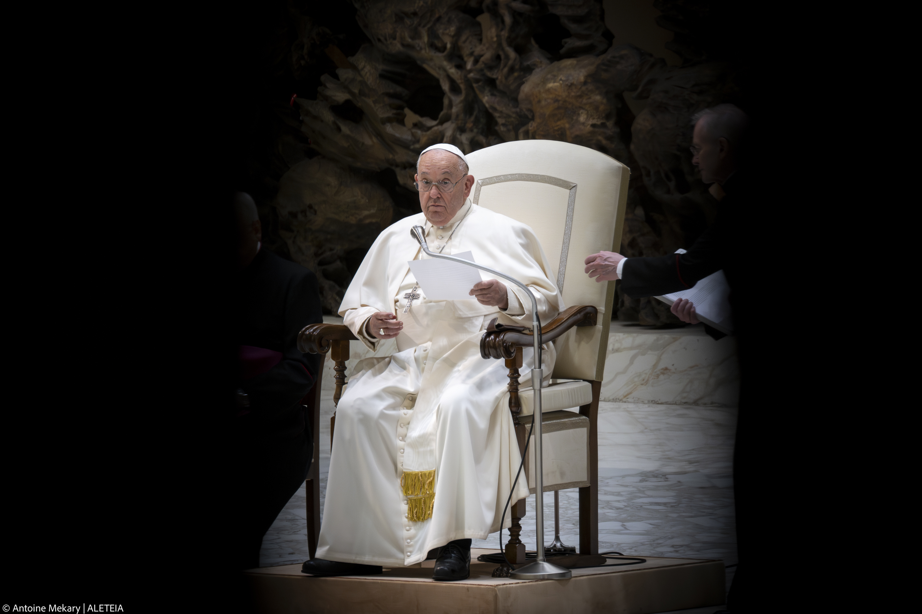 Pope Francis during his weekly general audience in Paul VI Hall at the Vatican on May 01, 2024