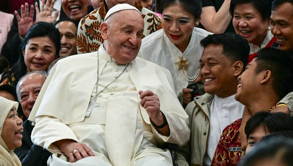 Pope Francis interacts with young people of Scholas Occurrentes at Grha Pemuda Youth Centre in Jakarta on September 4, 2024.