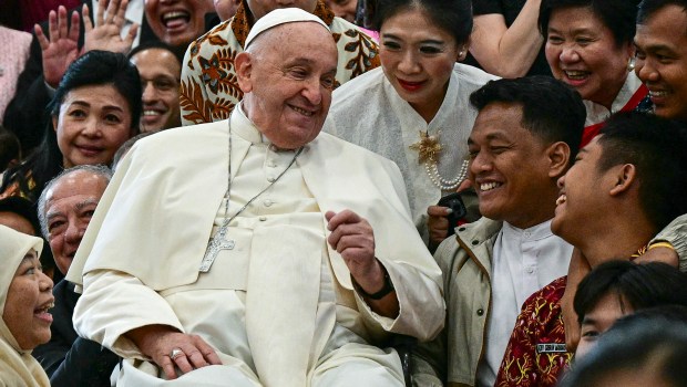 Pope Francis interacts with young people of Scholas Occurrentes at Grha Pemuda Youth Centre in Jakarta on September 4, 2024.