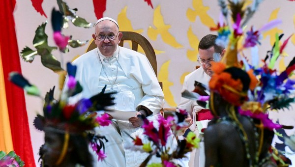Pope Francis watches performers dance during his visit to Children of Street Ministry and Callan Services at the Caritas Technical Secondary School in Port Moresby on September 7, 2024.