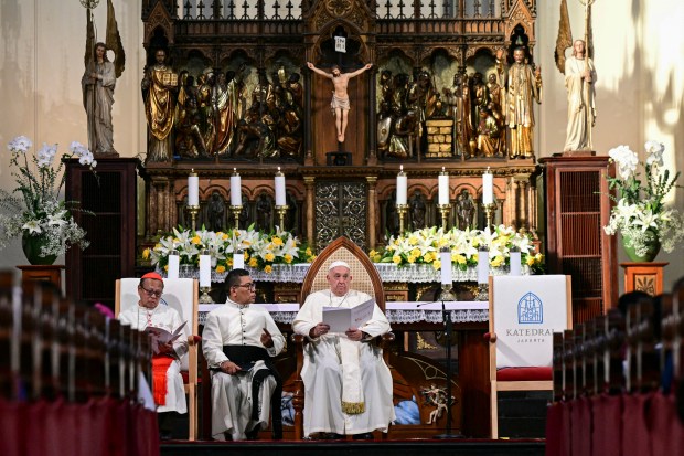 Pope Francis speaks to members of the Catholic community at the Jakarta Cathedral in Jakarta on September 4, 2024.