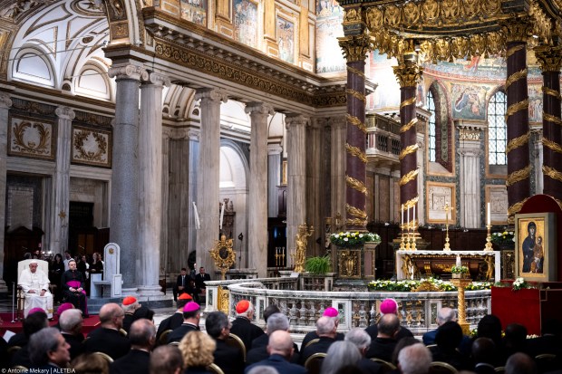 Pope Francis prays for the Rosary for Peace with members of the Synod Assembly in the basilica of Santa Maria Maggiore