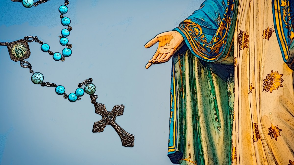 Statue of Mary indicating Rosary