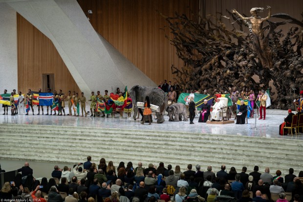 Acróbatas, músicos y dos impresionantes “elefantes mecánicos” del circo delante del Papa