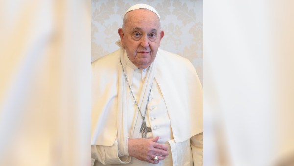 Pope Francis with his right arm bandaged and immobilized due to a fall this morning