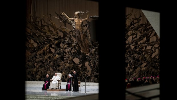 Pope Francis during his weekly general audience in Paul VI Hall at the Vatican on February 12, 2025