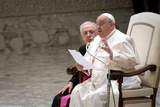 Pope Francis during his weekly general audience in Paul VI Hall at the Vatican on February 12, 2025
