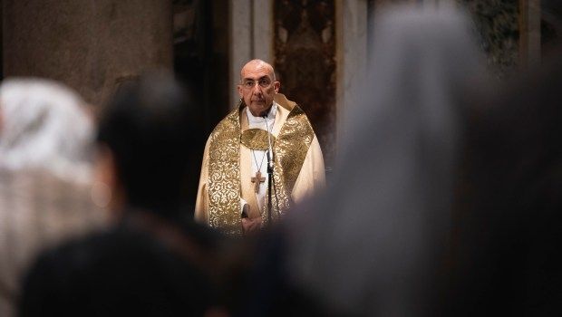Cardinal Baldassare Reina leads a Eucharistic adoration for Pope Francis at Rome’s Basilica of St. John Lateran on Thursday, April 24, 2025