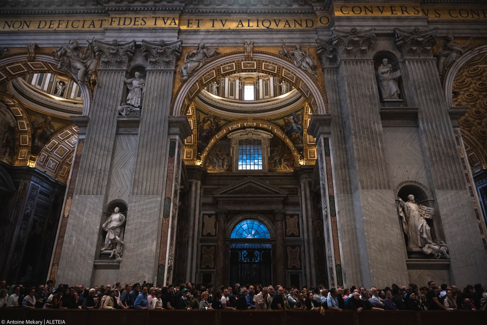People stay in a line to pay respect to coffin with body of Pope Francis displayed at Saint Peter's Basilica in Vatican on April 23, 2025