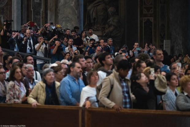 Coffin with body of Pope Francis displayed at Saint Peter's Basilica in Vatican on April 23, 2025.