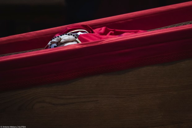 Coffin with body of Pope Francis displayed at Saint Peter's Basilica in Vatican on April 23, 2025.