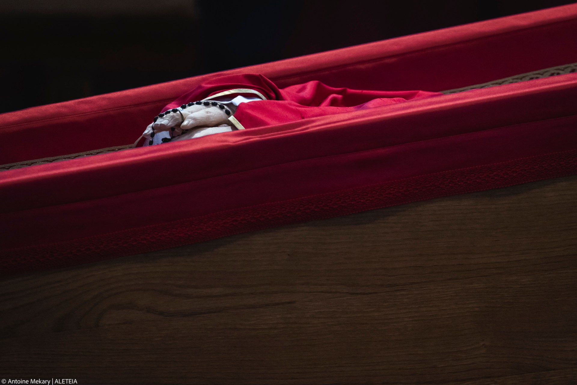 Coffin with body of Pope Francis displayed at Saint Peter's Basilica in Vatican on April 23, 2025.