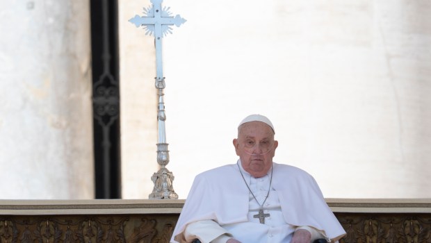 Pope Francis is pushed in a wheelchair on St. Peter's square to conduct the Angelus prayer in The Vatican, on April 6, 2025.