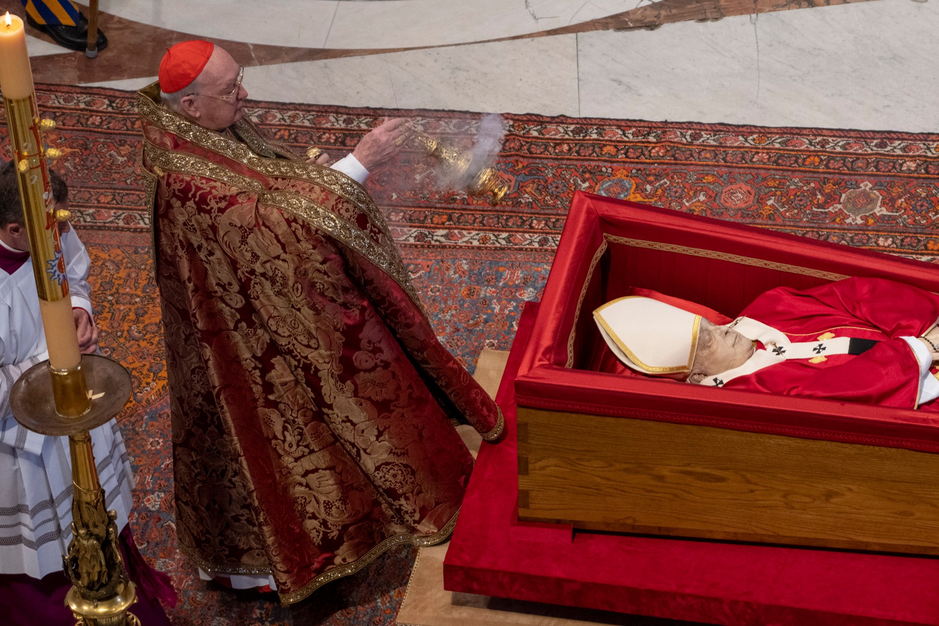 coffin of the late Pope Francis inside St Peter's Basilica as it is transported in a procession from the chapel of Santa Marta to St Peter's Basilica, following the Pope's death, in the Vatican on April 23, 2025.