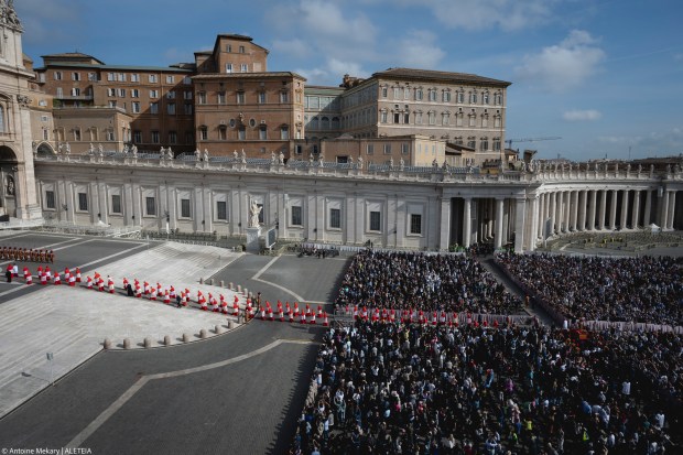 Pallbearers carry the coffin of the late Pope from the chapel of Santa Marta to St. Peter's Basilica in the Vatican on April 23, 2025.