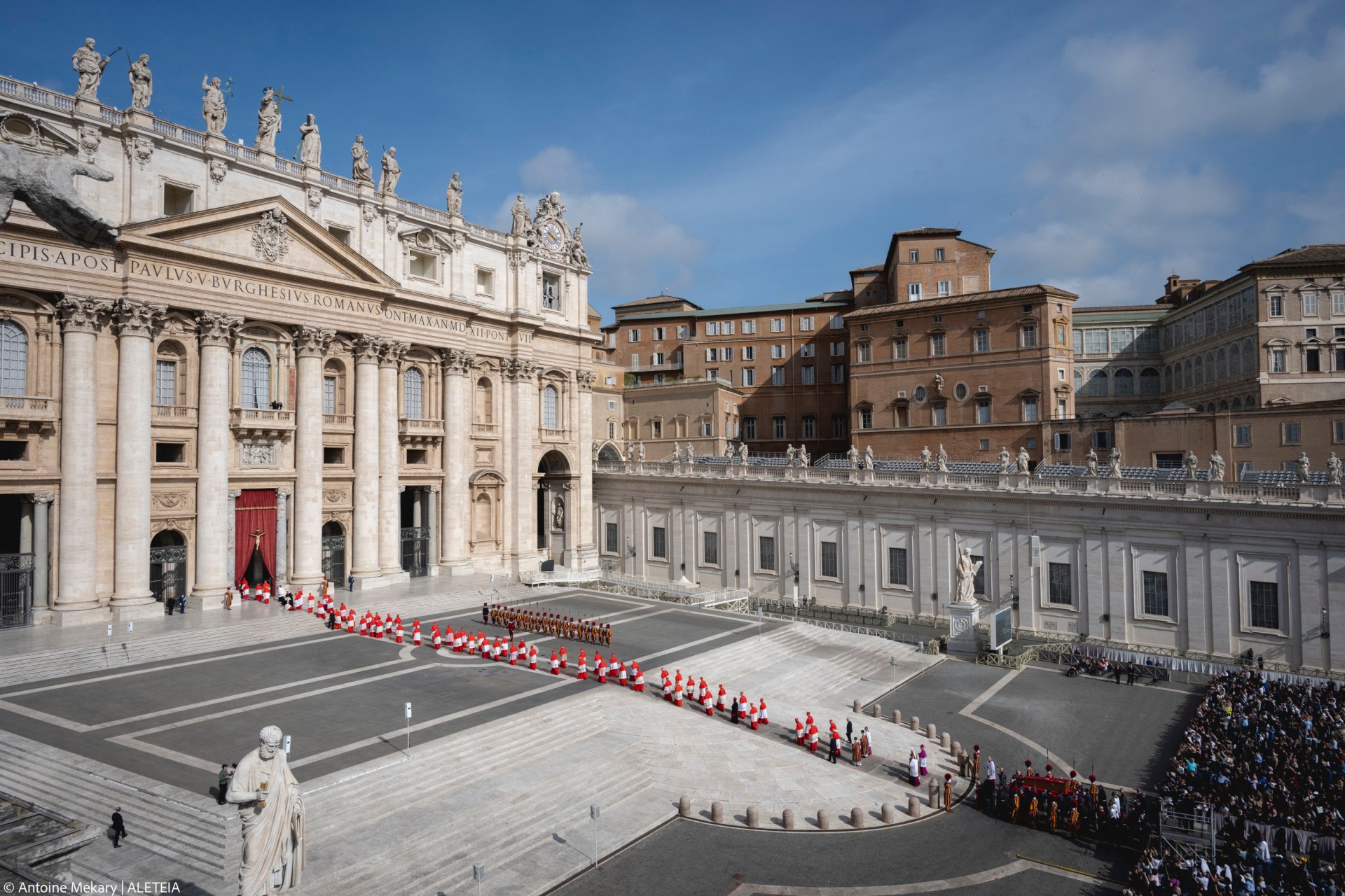 Pallbearers carry the coffin of the late Pope from the chapel of Santa Marta to St. Peter's Basilica in the Vatican on April 23, 2025.