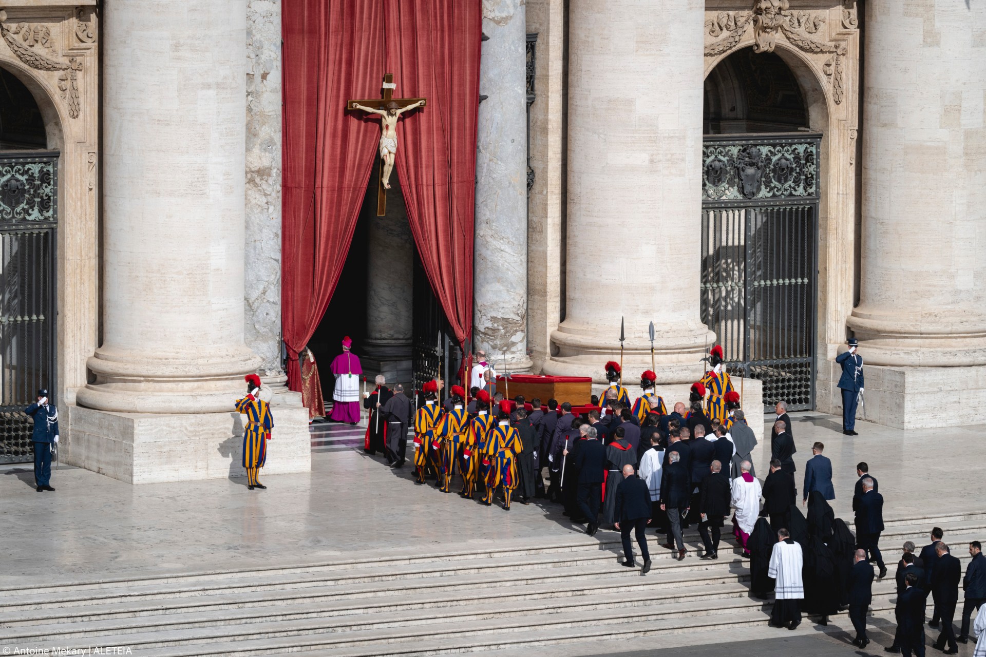 Pallbearers carry the coffin of the late Pope from the chapel of Santa Marta to St. Peter's Basilica in the Vatican on April 23, 2025.