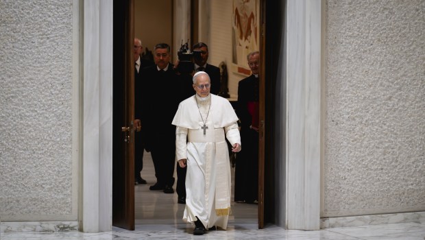 Pope Leo XIV during his audience with media representatives at the Paul VI Hall in the Vatican, on May 12, 2025.