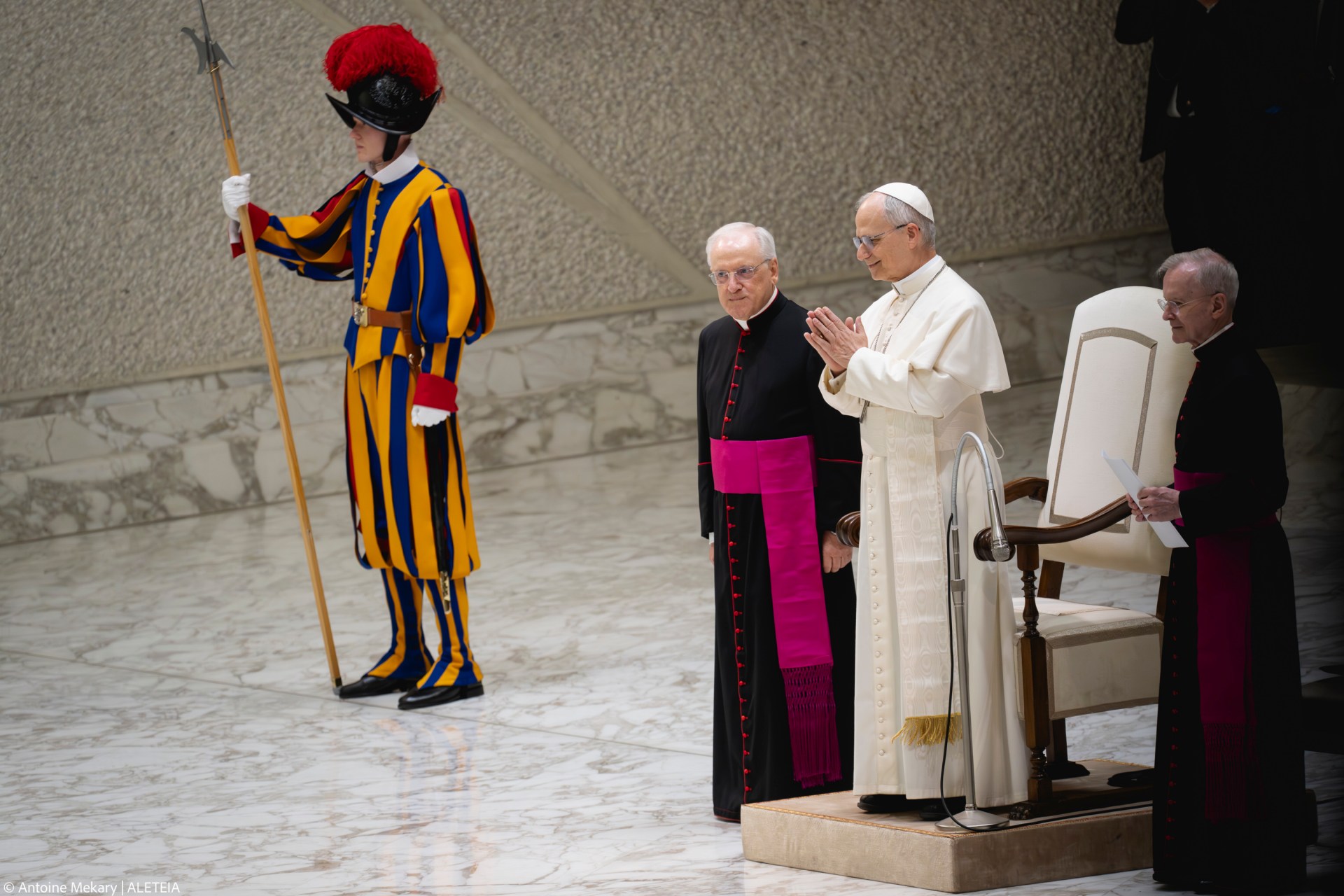 Pope Leo XIV during his audience with media representatives at the Paul VI Hall in the Vatican, on May 12, 2025.