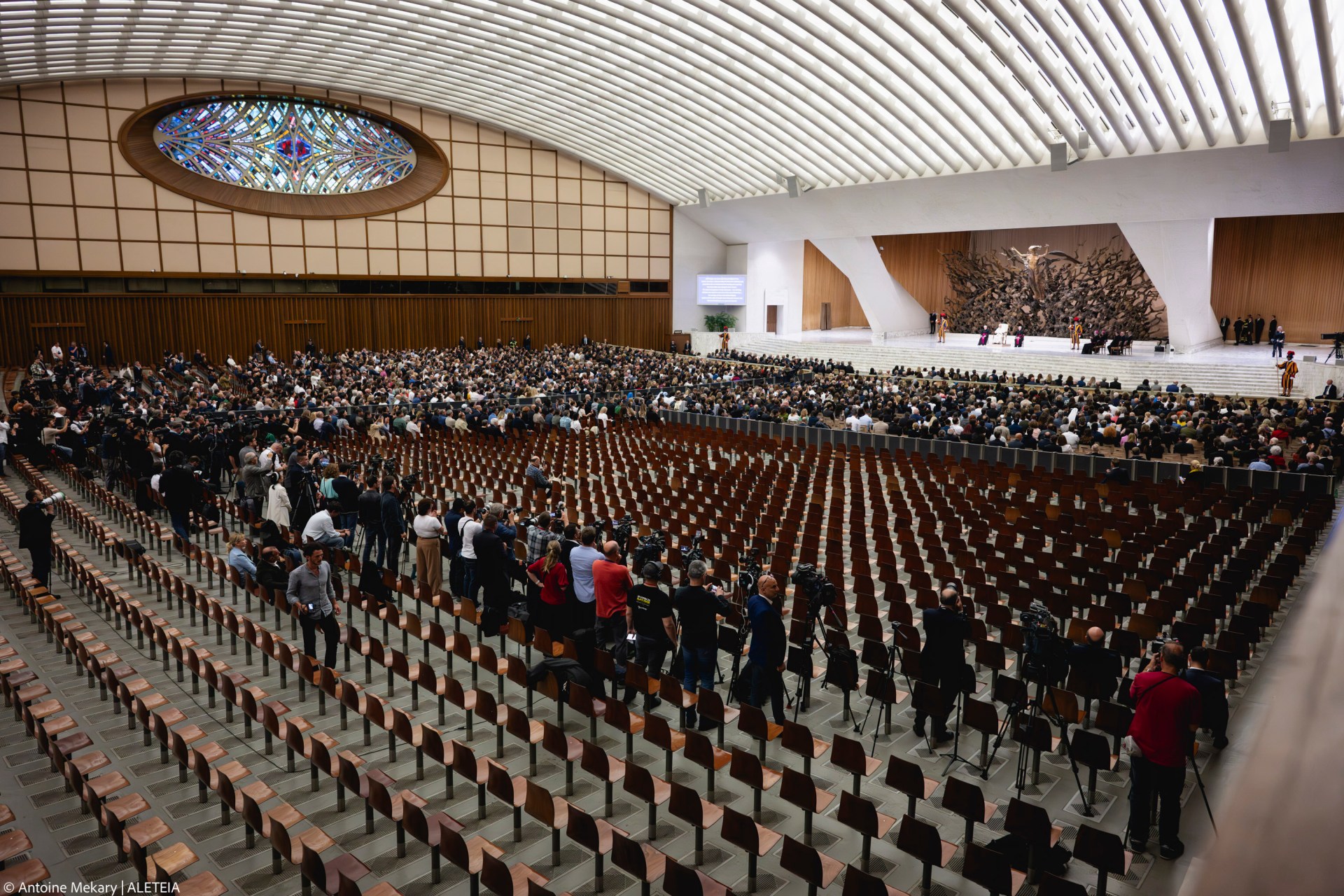 Pope Leo XIV during his audience with media representatives at the Paul VI Hall in the Vatican, on May 12, 2025.