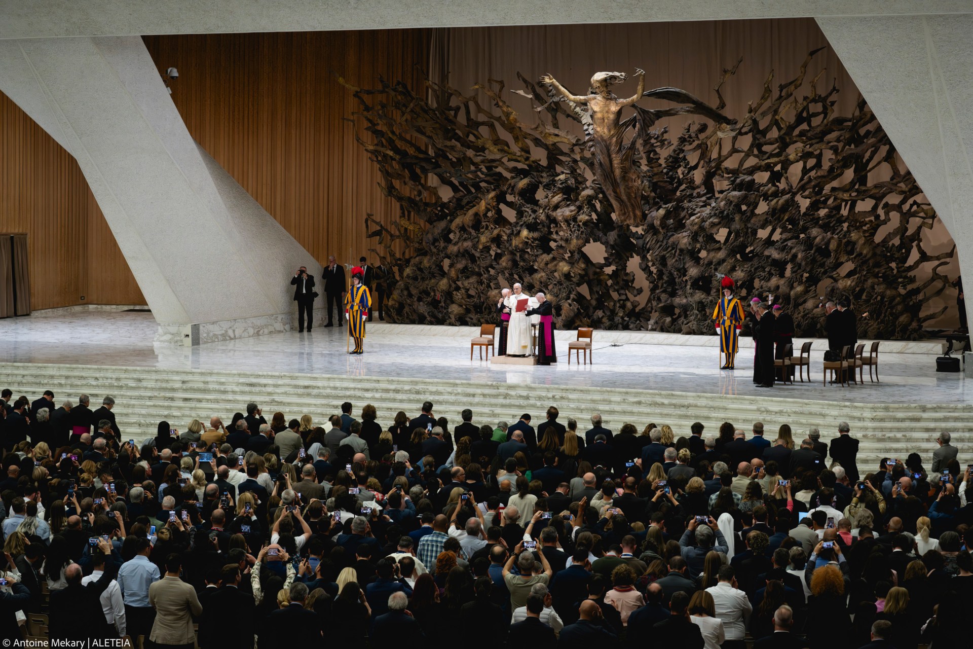 Pope Leo XIV during his audience with media representatives at the Paul VI Hall in the Vatican, on May 12, 2025.