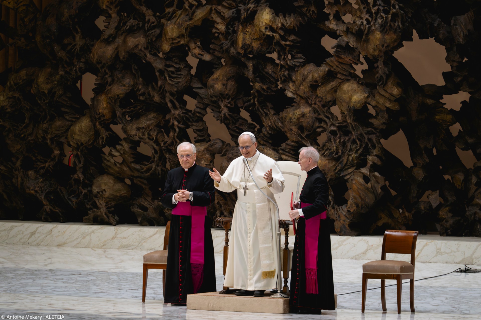 Pope Leo XIV during his audience with media representatives at the Paul VI Hall in the Vatican, on May 12, 2025.