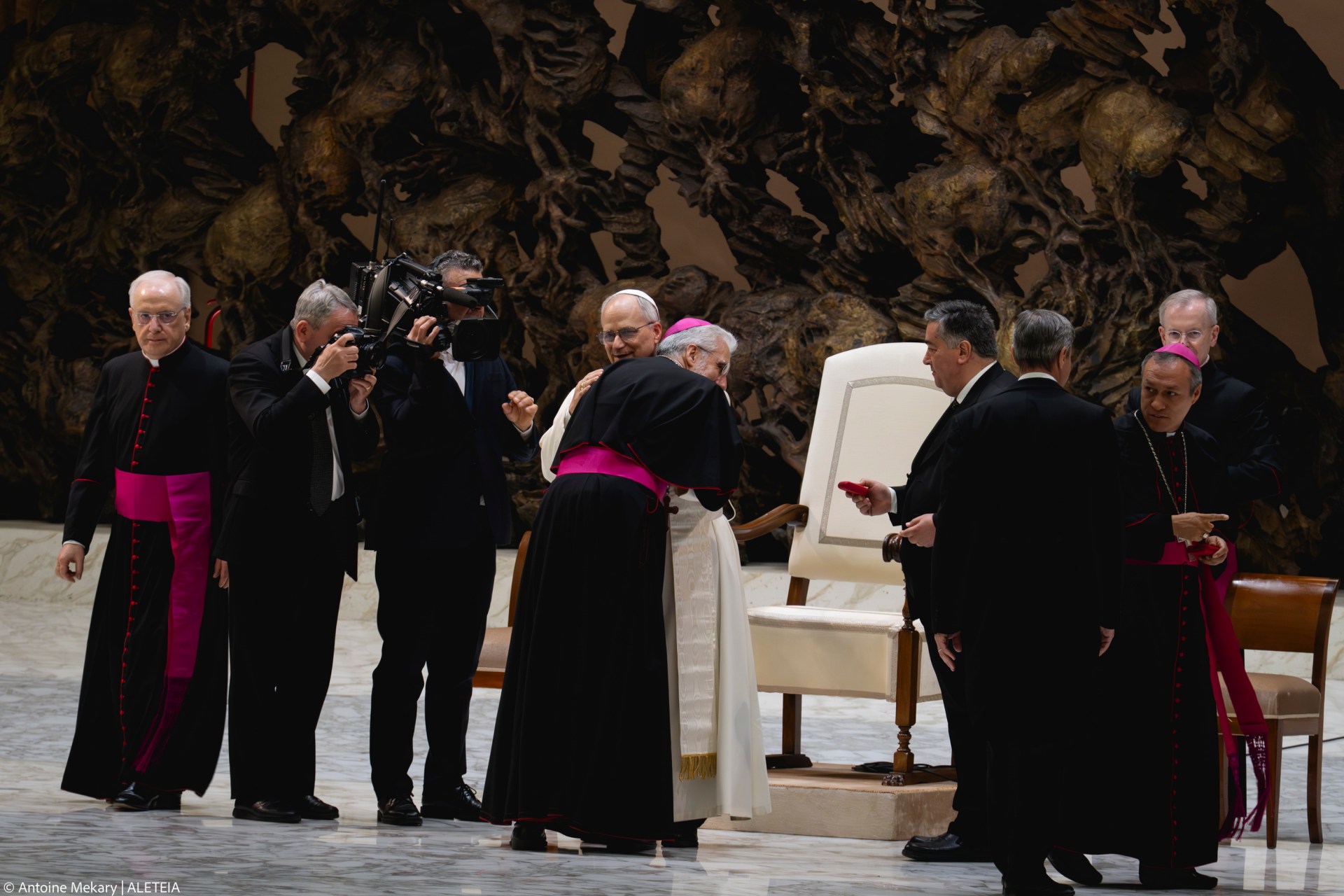 Pope Leo XIV during his audience with media representatives at the Paul VI Hall in the Vatican, on May 12, 2025.