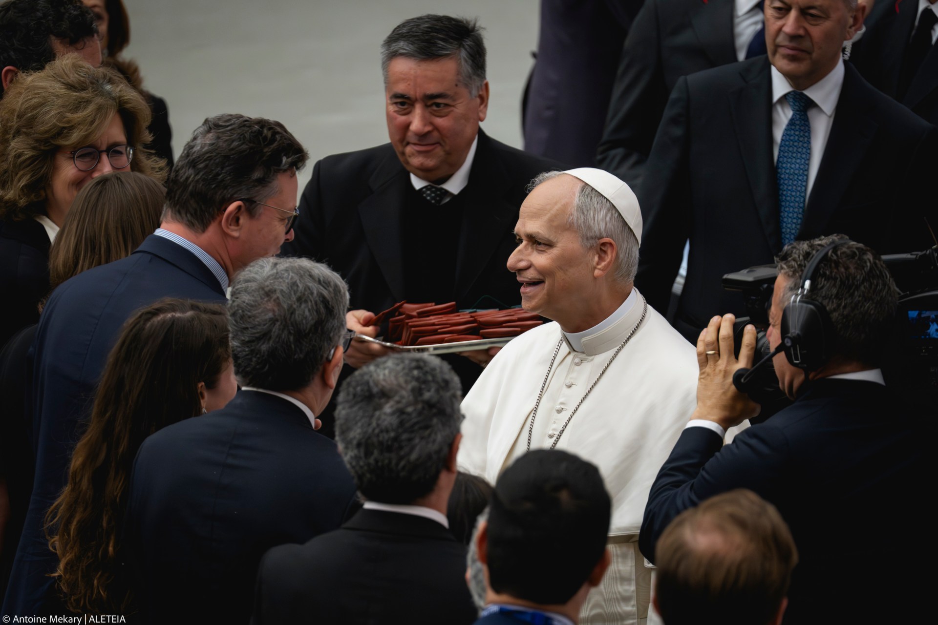 Pope Leo XIV during his audience with media representatives at the Paul VI Hall in the Vatican, on May 12, 2025.