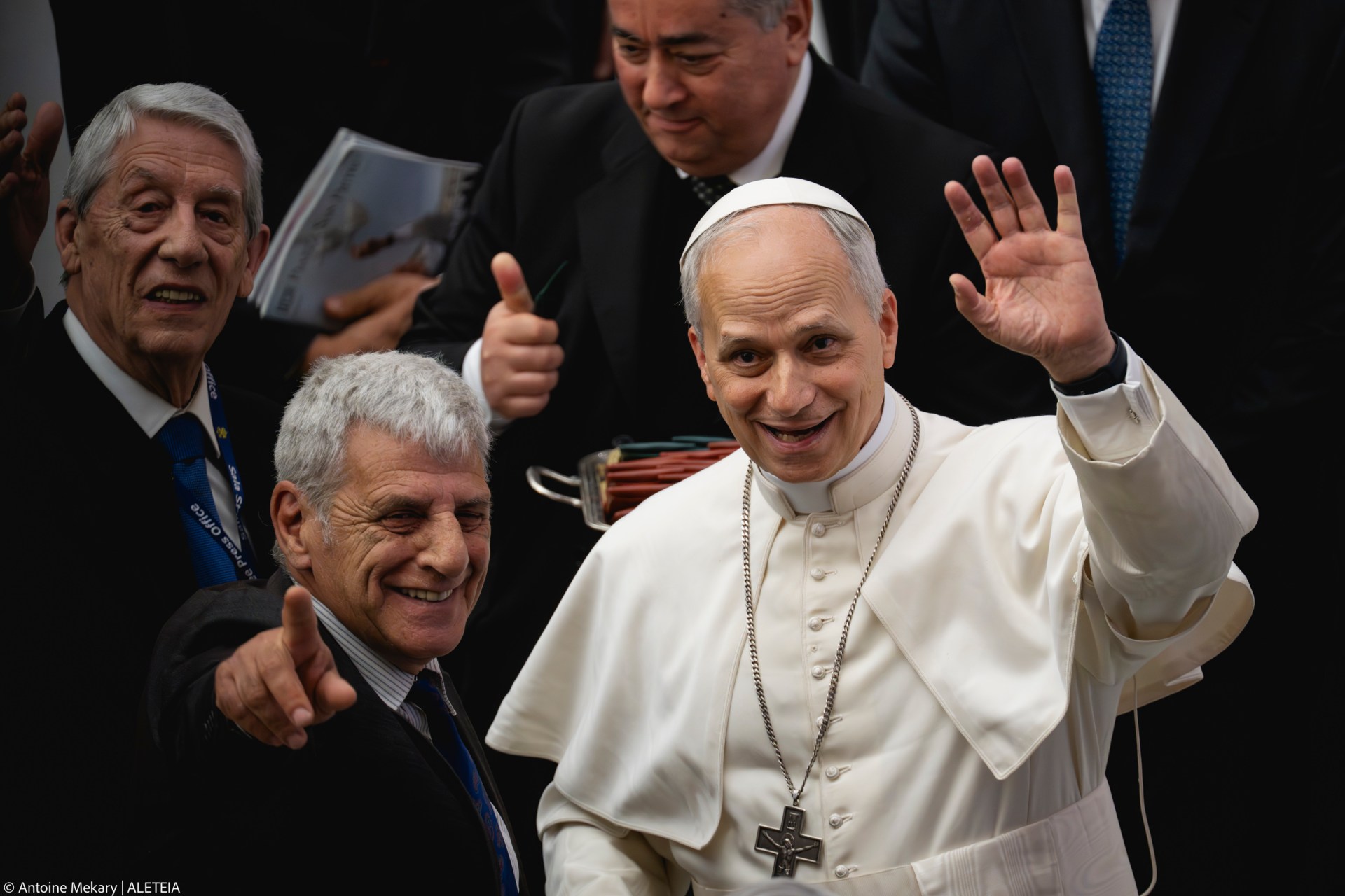 Pope Leo XIV during his audience with media representatives at the Paul VI Hall in the Vatican, on May 12, 2025.