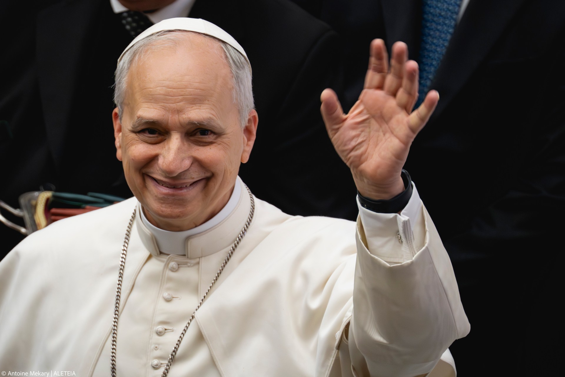 Pope Leo XIV during his audience with media representatives at the Paul VI Hall in the Vatican, on May 12, 2025.