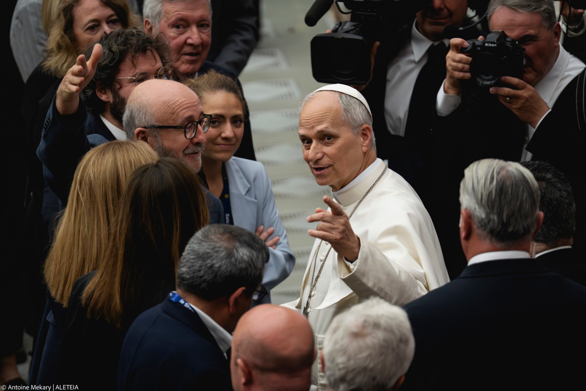 Pope Leo XIV during his audience with media representatives at the Paul VI Hall in the Vatican, on May 12, 2025.