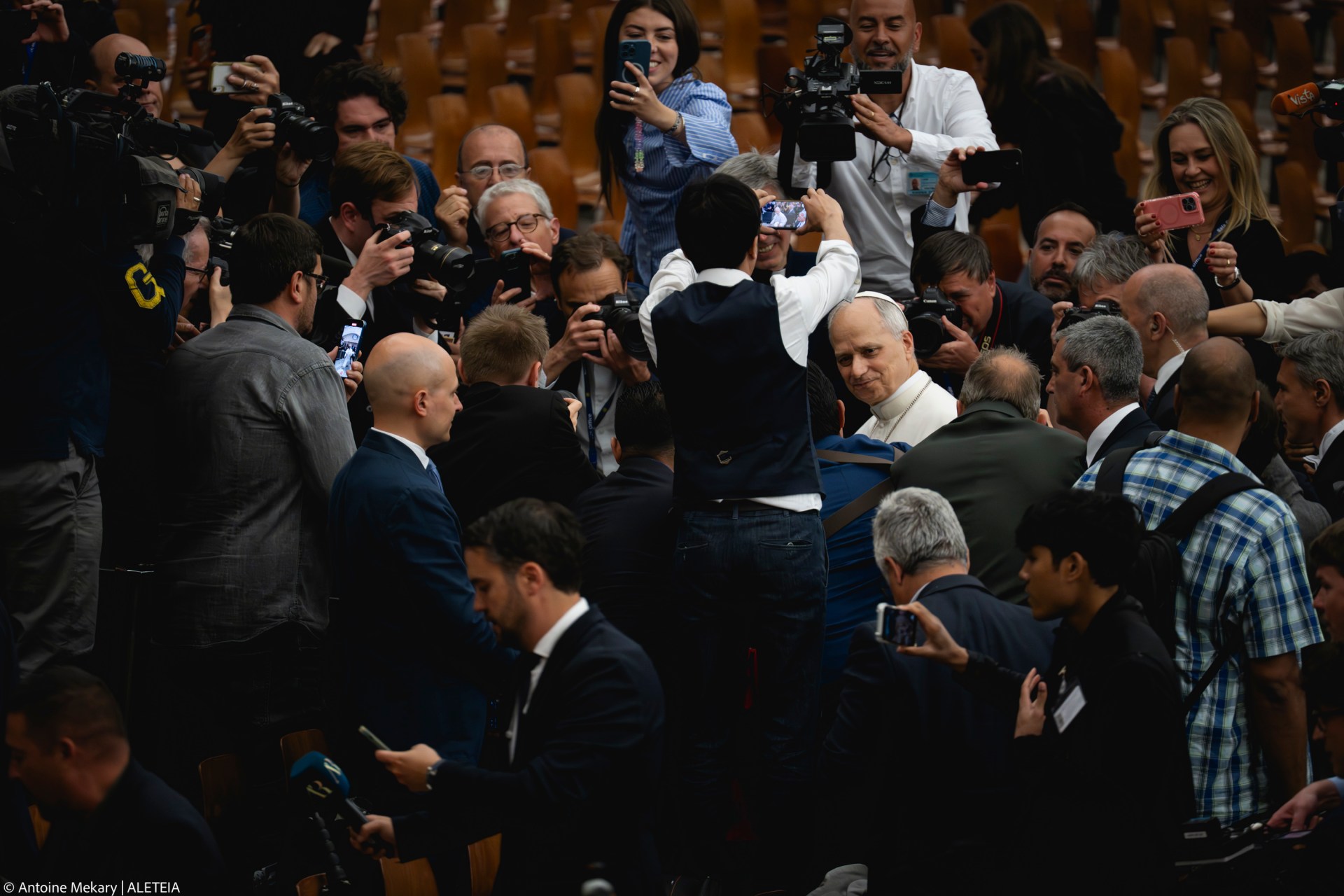 Pope Leo XIV during his audience with media representatives at the Paul VI Hall in the Vatican, on May 12, 2025.