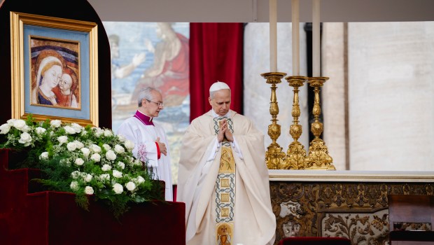 Pope Leo XIV leads a Holy Mass for the Beginning of his Pontificate, in St Peter's square in The Vatican on May 18, 2025.
