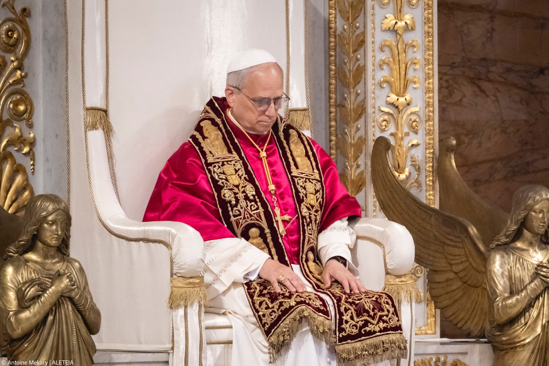 Pope Leo XIV visits the Tomb of St. Paul at the Basilica of Saint Paul outside the Walls in Rome on May 20, 2025