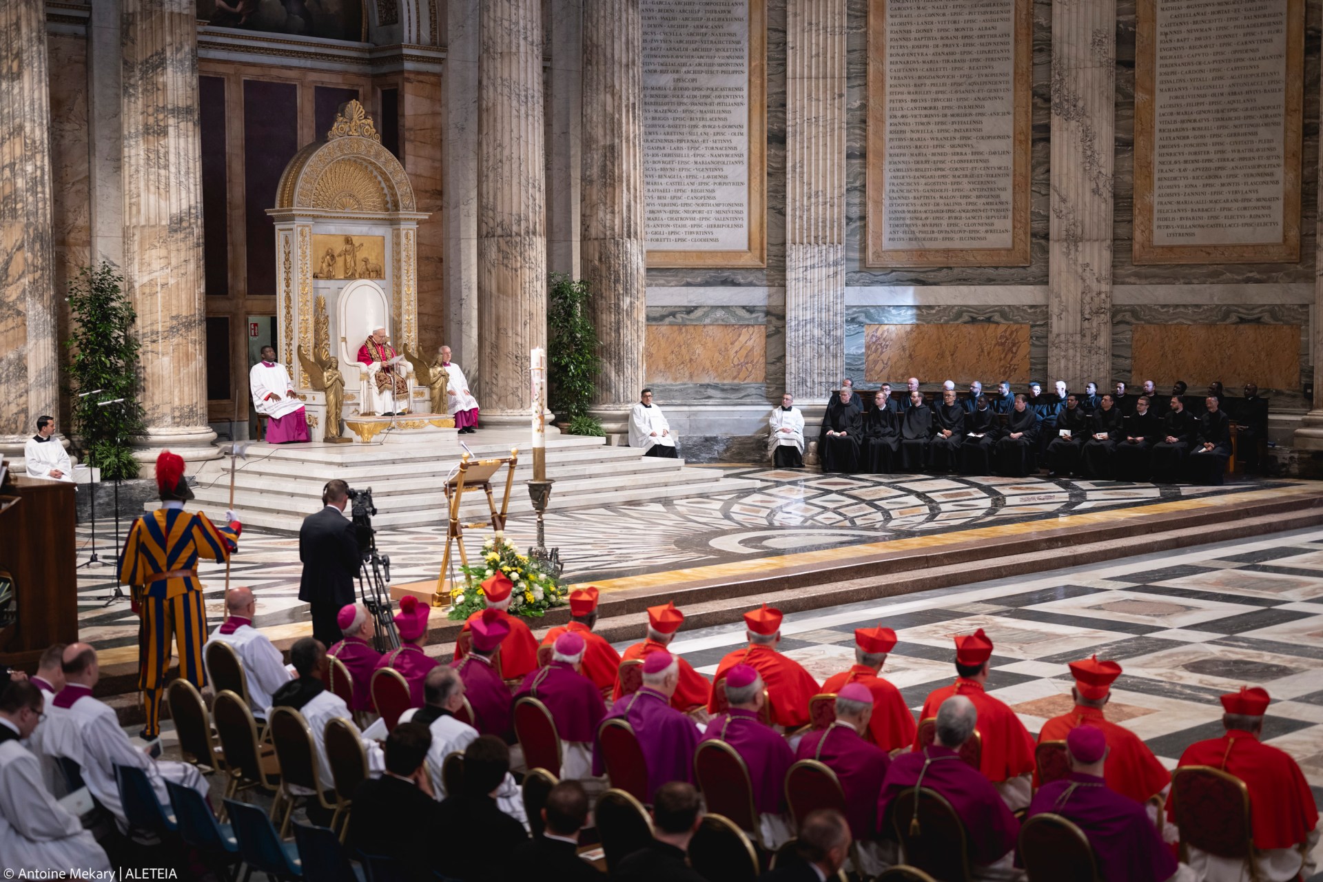 Pope Leo XIV visits the Tomb of St. Paul at the Basilica of Saint Paul outside the Walls in Rome on May 20, 2025