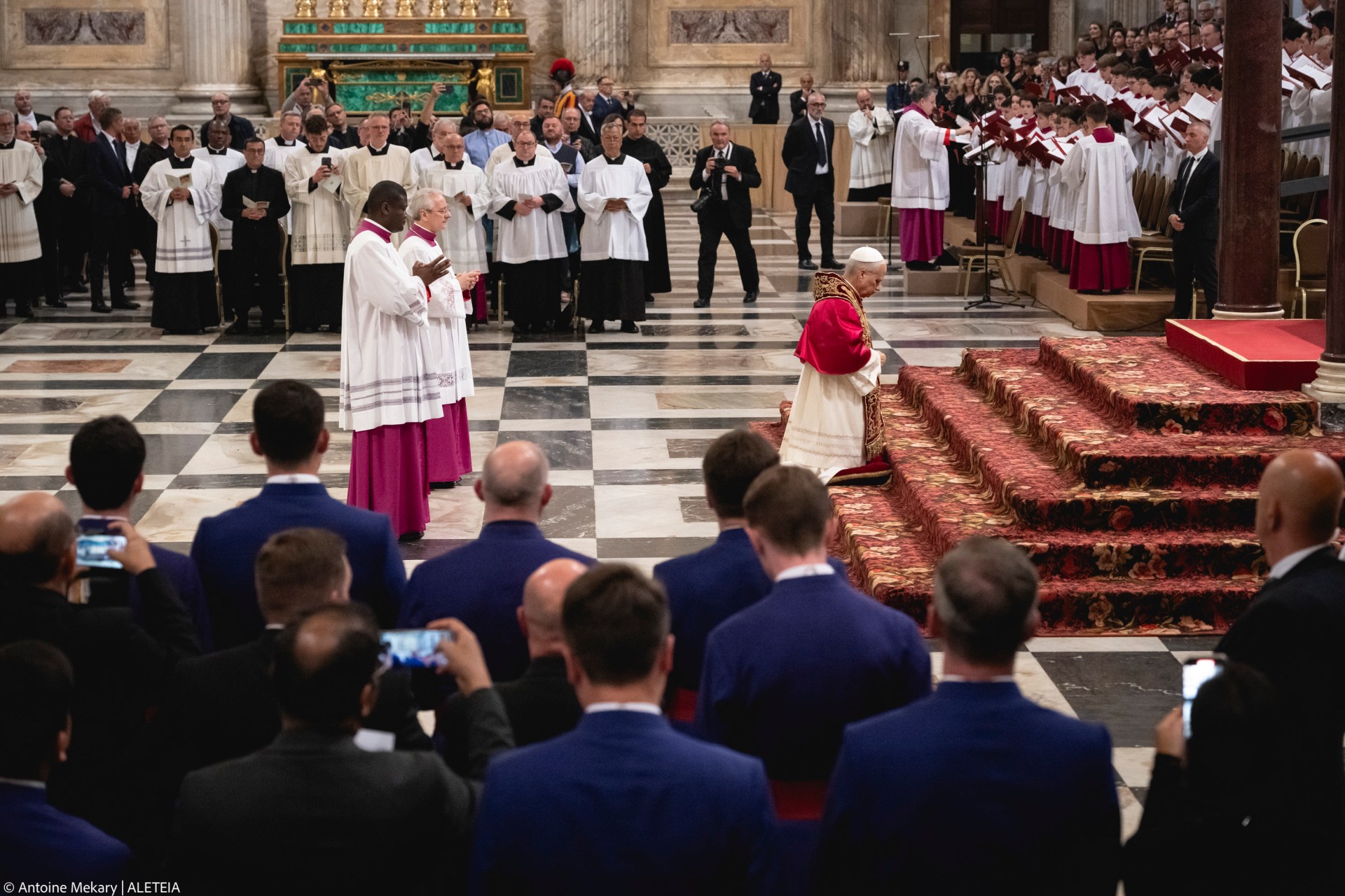 Pope Leo XIV visits the Tomb of St. Paul at the Basilica of Saint Paul outside the Walls in Rome on May 20, 2025
