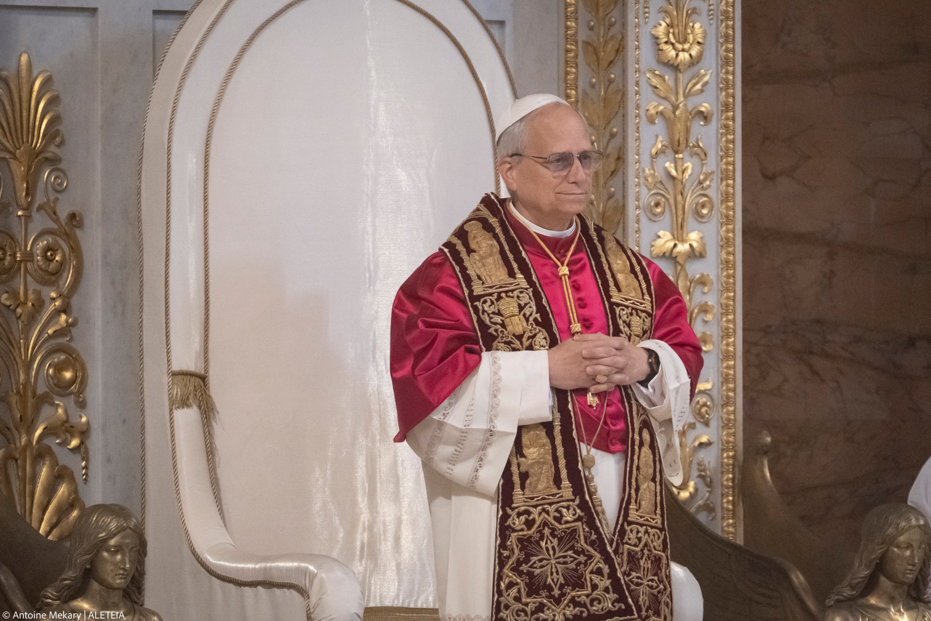 Pope Leo XIV visits the Tomb of St. Paul at the Basilica of Saint Paul outside the Walls in Rome on May 20, 2025