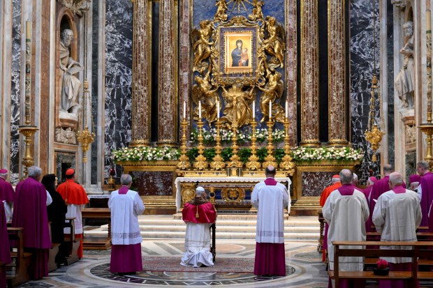 This photo taken and handout on May 25, 2025 by The Vatican Media shows Pope Leo XIV during his visit at St Mary Major in Rome.
