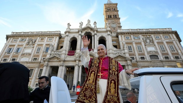 This photo taken and handout on May 25, 2025 by The Vatican Media shows Pope Leo XIV during his visit at St Mary Major in Rome
