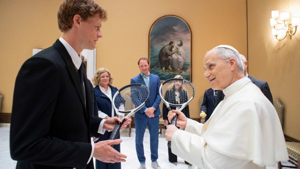 Pope Leo XIV during a private audience with Italy's tennis player Jannik Sinner