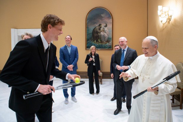 Pope Leo XIV during a private audience with Italy's tennis player Jannik Sinner