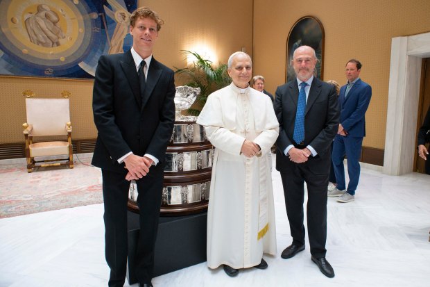 Pope Leo XIV during a private audience with Italy's tennis player Jannik Sinner