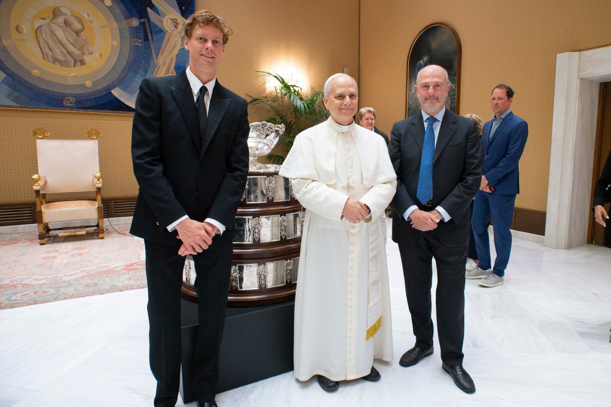 Pope Leo XIV during a private audience with Italy's tennis player Jannik Sinner