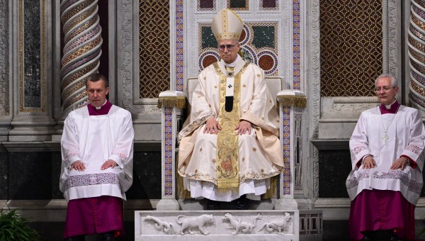 Pope Leo XIV leads a holy mass as he takes possession at Saint John Lateran archbasilica in Rome, on May 25, 2025.