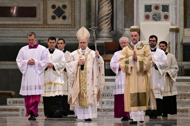 Pope Leo XIV leads a holy mass as he takes possession at Saint John Lateran archbasilica in Rome, on May 25, 2025.